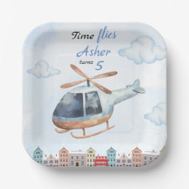 Blauw Aquarel Helikopter Stad  Papieren Bordje