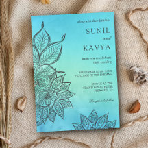 Blauw Aquarel Henna Indische Trouw Uitnodiging