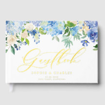 Blauw Aquarel Hortensia en Ivoren Roos Bruiloft