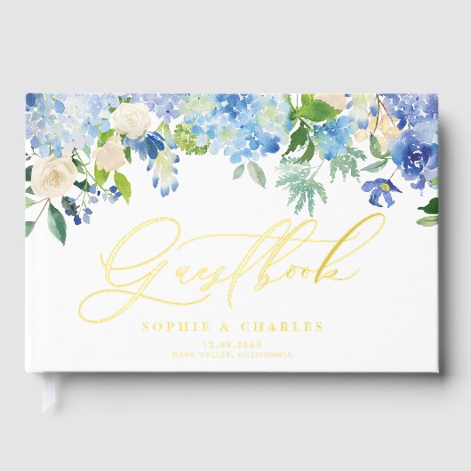 Blauw Aquarel Hortensia en Ivoren Roos Bruiloft Gastenboek (Voorkant)