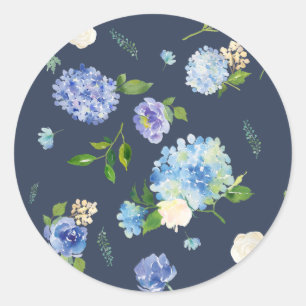 Blauw Aquarel Hortensia en Roos Bloemmotief Ronde Sticker