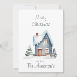 Blauw Aquarel Huis Kerstkaart Kaart