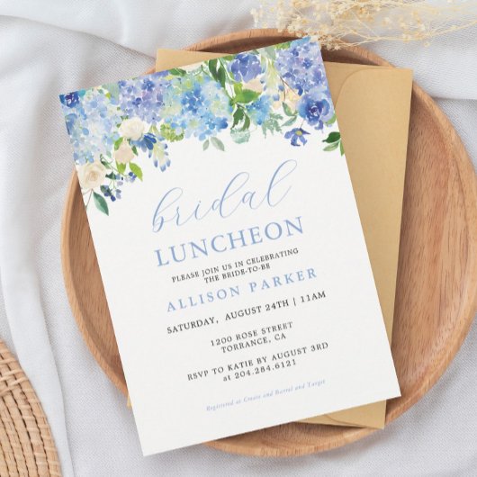 Blauw Aquarel Hydrangea Bloemstuk Bruiloft Luncheo Kaart