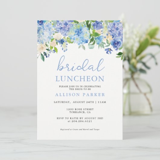 Blauw Aquarel Hydrangea Bloemstuk Bruiloft Luncheo Kaart (Staand voorkant)