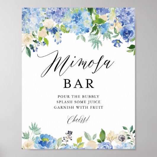 Blauw Aquarel Hydrangea Bruidsdiner Mimosa Bar Poster (Voorkant)