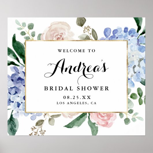 Blauw Aquarel Hydrangea Goud Folie Bruidsdouche Poster (Voorkant)