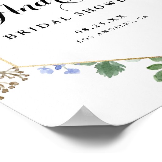 Blauw Aquarel Hydrangea Goud Folie Bruidsdouche Poster (Hoek)