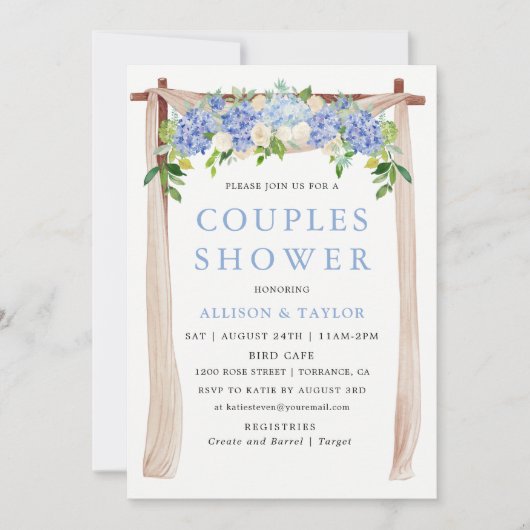 Blauw Aquarel Hydrangea Koppels Bruisfeest Kaart (Voorkant)