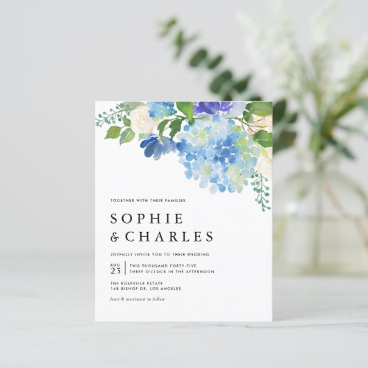 Blauw aquarel Hydrangea Trouwkaart (Staand voorkant)