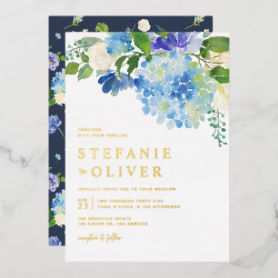 Blauw Aquarel Hydrangea Winter Bloemen Bruiloft Folie Uitnodiging