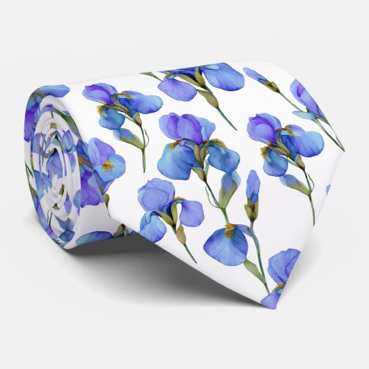 Blauw Aquarel Iris Bloem Patroon Stropdas (Opgerold)