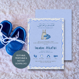 Blauw Aquarel Islamitische Baby Jongen Geboorte Aankondiging