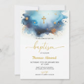 Blauw Aquarel Jongens Goud Doopfeest Kaart (Voorkant)