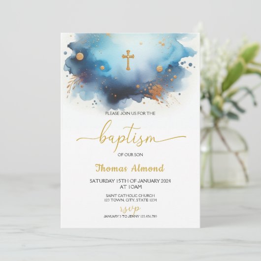 Blauw Aquarel Jongens Goud Doopfeest Kaart (Staand voorkant)