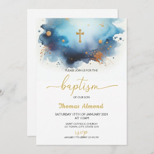 Blauw Aquarel Jongens Goud Doopfeest Kaart (Voorkant / Achterkant)