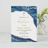 Blauw Aquarel Jongens Goud Doopfeest Kaart (Staand voorkant)