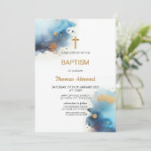 Blauw Aquarel Jongens Gouden Doop Kaart (Staand voorkant)