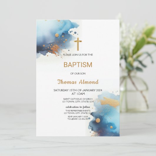 Blauw Aquarel Jongens Gouden Doop Kaart (Staand voorkant)