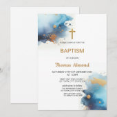 Blauw Aquarel Jongens Gouden Doop Kaart (Voorkant / Achterkant)