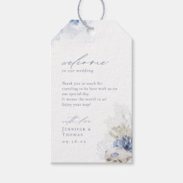 Blauw aquarel koraal & schelpen strand Bruiloft Cadeaulabel