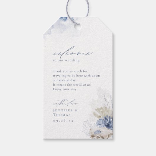 Blauw aquarel koraal & schelpen strand Bruiloft Cadeaulabel (Voorkant)