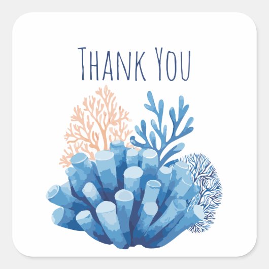 Blauw Aquarel Koraalrif Dank je wel Vierkante Sticker (Voorkant)