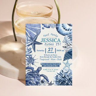 Blauw Aquarel Kust Zee Zwembad Feest Verjaardag Kaart