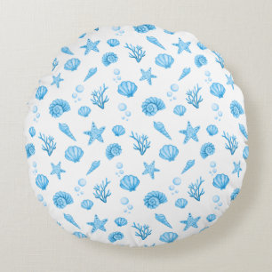 Blauw Aquarel Kust Zeeschelp Zeester Rond Kussen