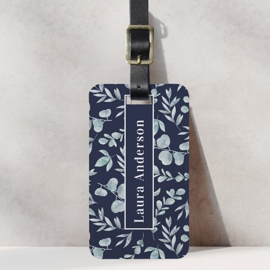 Blauw Aquarel Loof Custom Naam Bagagelabel