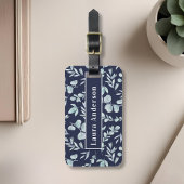 Blauw Aquarel Loof Custom Naam Bagagelabel