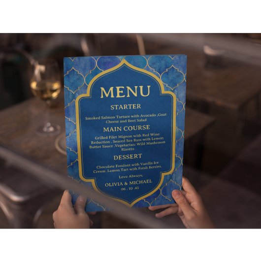 Blauw Aquarel Marokkaans Trouwmenu Menu