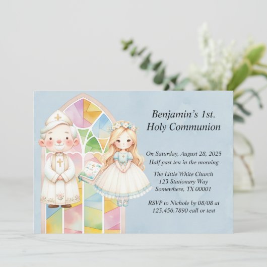 Blauw Aquarel Meisje 1e Heilige Communie  Kaart (Staand voorkant)