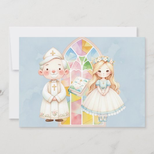Blauw Aquarel Meisje 1e Heilige Communie  Kaart (Achterkant)