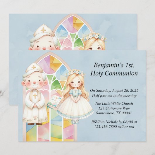 Blauw Aquarel Meisje 1e Heilige Communie  Kaart (Voorkant / Achterkant)