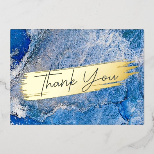 Blauw Aquarel Modern Goud Marmer Chic Bedankt Folie Feestdagenkaart (Voorkant)