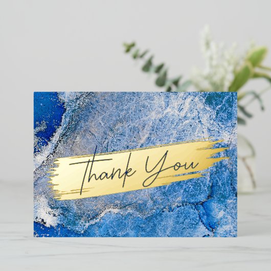 Blauw Aquarel Modern Goud Marmer Chic Bedankt Folie Feestdagenkaart (Staand Voorkant)