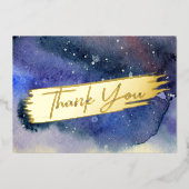 Blauw Aquarel Modern Goud Script Chic Dank Je Wel Folie Feestdagenkaart (Voorkant)