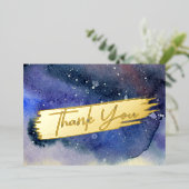 Blauw Aquarel Modern Goud Script Chic Dank Je Wel Folie Feestdagenkaart (Staand Voorkant)