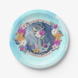 Blauw Aquarel Modern Nautilus Bloemmotief Anker Papieren Bordje