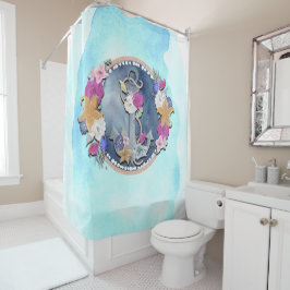 Blauw Aquarel Modern Scheepvaart Bloemmotief Anker Douchegordijn