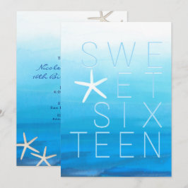 Blauw Aquarel Modern Sweet 16 Strandfeest Kaart