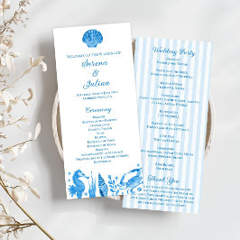 Blauw Aquarel Nautilus Kuststreep Bruiloft Programmakaart