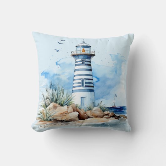 Blauw Aquarel Nautilus Vuurtoren Worp Kussen (Voorkant)