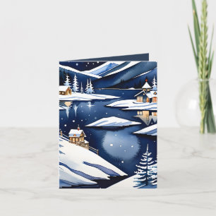 Blauw Aquarel Noords Merenlandschap Geplooid Kerst Feestdagen Kaart