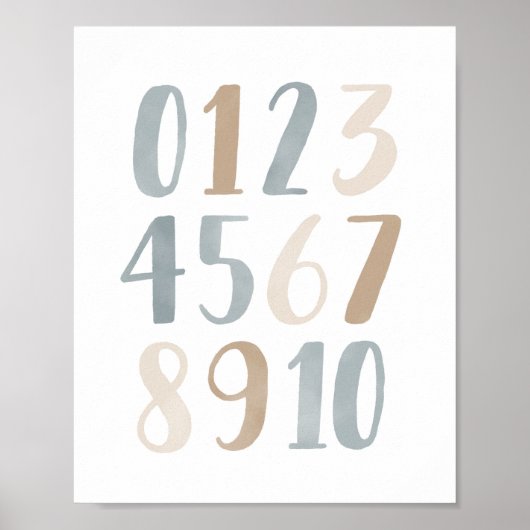 Blauw Aquarel Nummers Neutrale Jongens Babykamer D Poster (Voorkant)