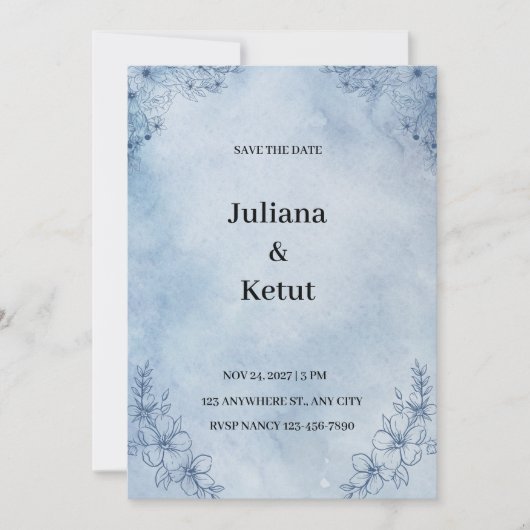 Blauw Aquarel Omrand Save the Date Uitnodiging (Voorkant)