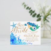 Blauw aquarel onderwater zoete meermin gouden teks uitnodiging briefkaart (Staand voorkant)
