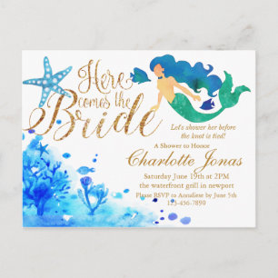 Blauw aquarel onderwater zoete zeemeermin gouden t uitnodiging briefkaart