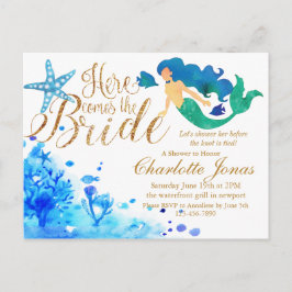 Blauw aquarel onderwater zoete zeemeermin gouden t uitnodiging briefkaart