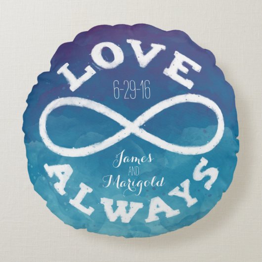 Blauw Aquarel Oneindig Huwelijk Datum, Namen Rond Kussen (Voorkant)